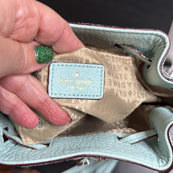 Kate Spade Copper Drawstring Bucket Bag Small Crossbody Strap Lined Light Blue - Picture 9 of 11